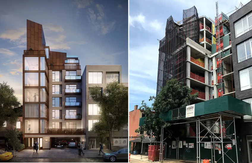 Renderings showing approved plans for 653 Bergen Street (Issac & Stern Architects) and construction progress (CityRealty)