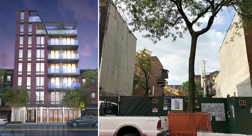 610 Myrtle Avenue rendering (via ARC Architecture) and photo circa October 2018 (via CityRealty)