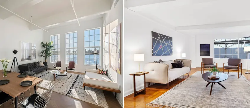 Would you rather live in a Williamsburg condo conversion (l, via Nest Seekers) or a Midtown co-op (r, via Compass)? Both are listed for $1 million.