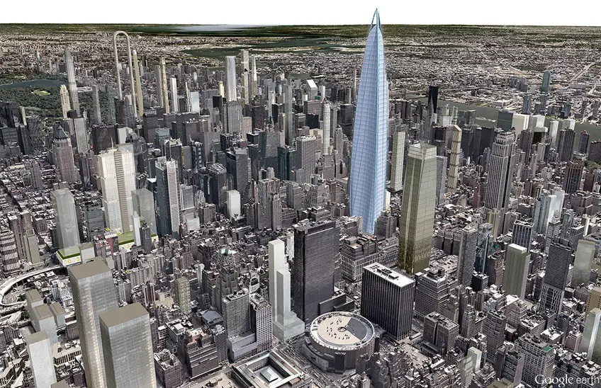 Google Earth of future Midtown skyline with KPF's Lotte World Tower superimposed at 100 West 37th Street (CityRalty)
