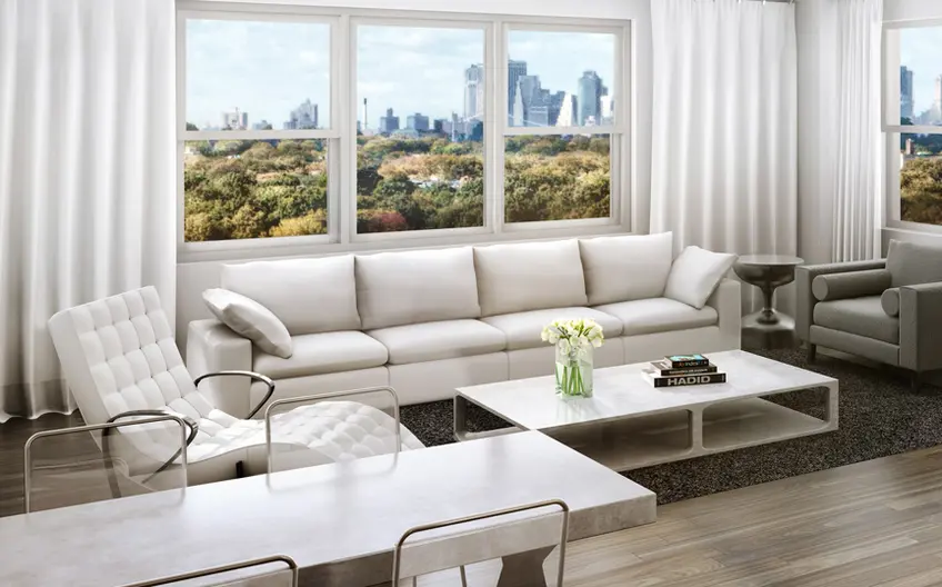 Living Room rendering of renovated unit; Nu-Place Realty