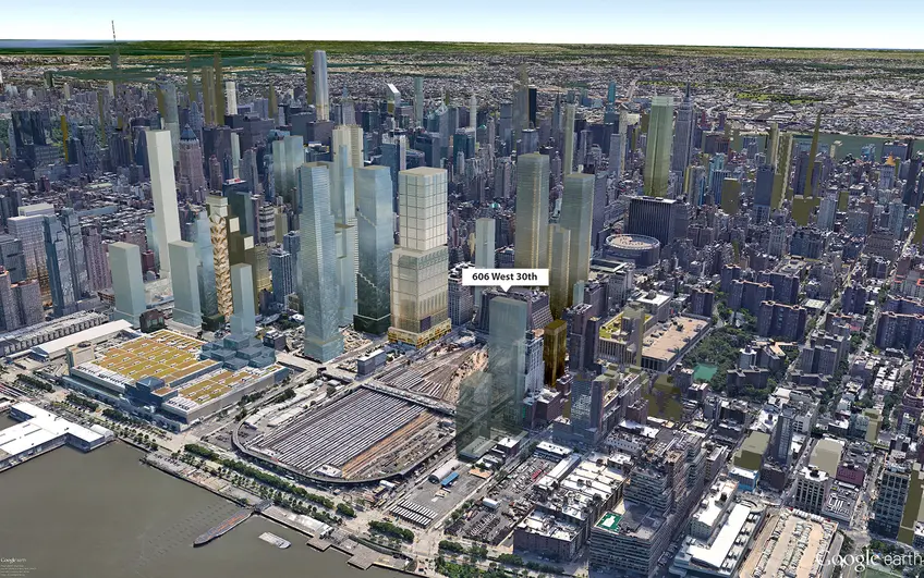 Google Earth aerial of a 700 foot tall massing model at 606 West 30th Street. We left out much of the Hudson Yards plan for clarity (too damn big); CityRealty