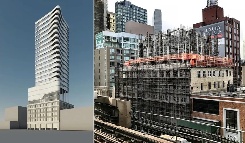 Rendering (l; Greystone Development) and photo (r; CityRealty) of 24-16 Queens Plaza South