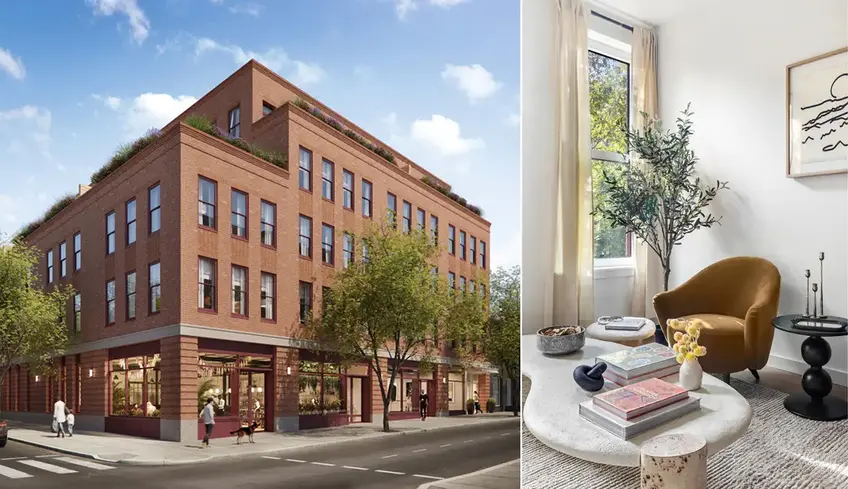 (l-r) The Calyer Greenpoint (PKSB Architects); interiors (Douglas Elliman)