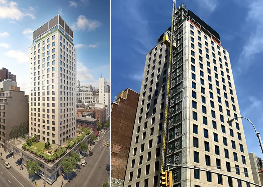Rendering (l, Corcoran) and photo (r, CityRealty) of 21E12