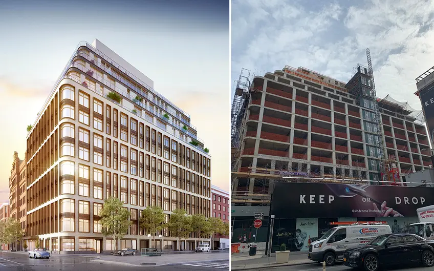 Rendering of 40 Bleecker Street (l, Williams New York) and photo circa February 2019 (r, CityRealty)