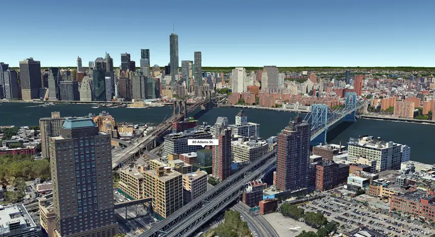 Google Earth aerial showing location of 80 Adams Street (CityRealty)