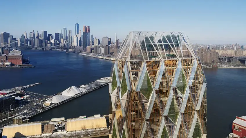 Rendering showing a diagrid tower at 500 Kent Avenue looking southwest to lower Manhattan (Credit: Motiv Studio)