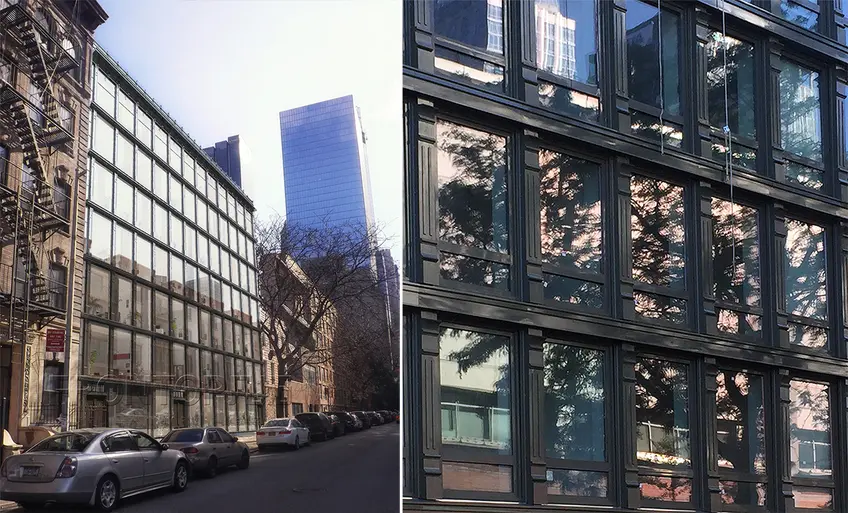 On the left is an early rendering of the project. A photograph of the condominium's new facade is on the right. 
