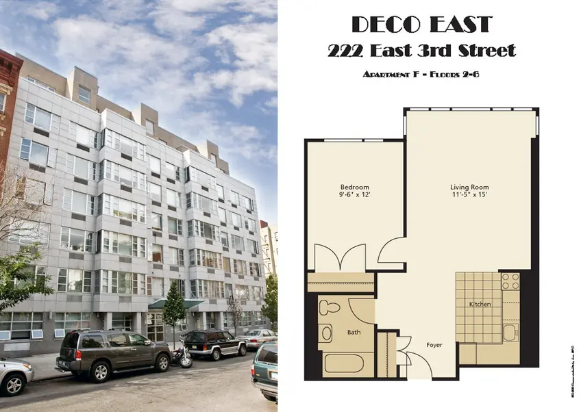 Deco East exterior and one-bedroom floorplan
