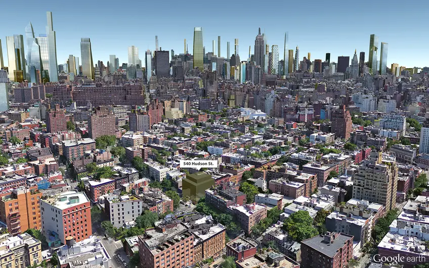 Google Earth aerial view of future NYC skyline with our massing of 540 Hudson Street superimposed