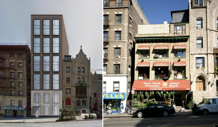 Rendering of conceptual design for 209 West 96th Street, and photo of existing building (Compass)