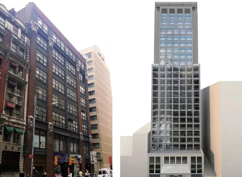 The 8-story building on the left will receive a 17-story addition. A new rendering on the right shows us what to expect.