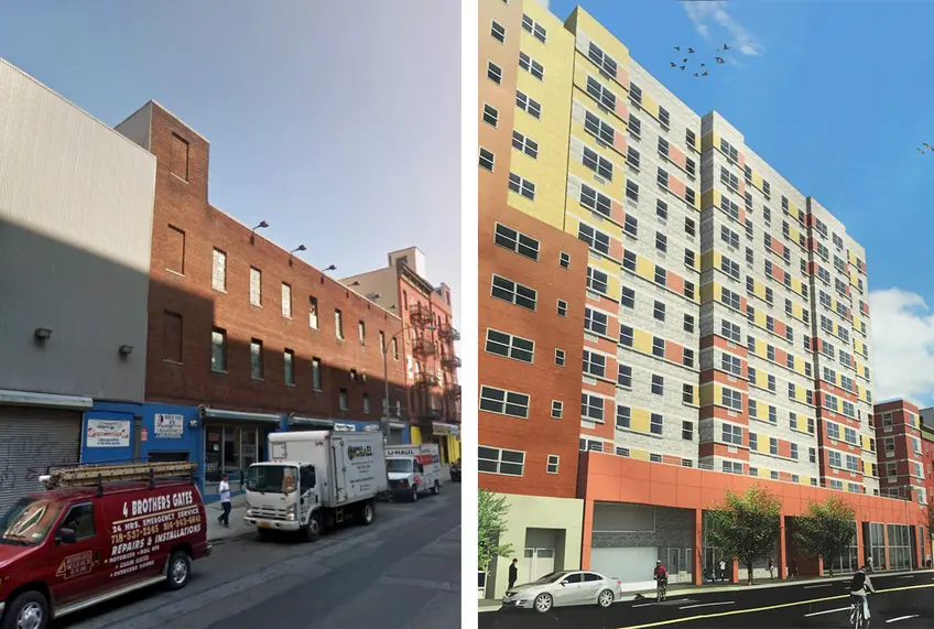 (Left) The former site of 3475 Third Avenue (Right) Rendering of the proposed affordable housing development