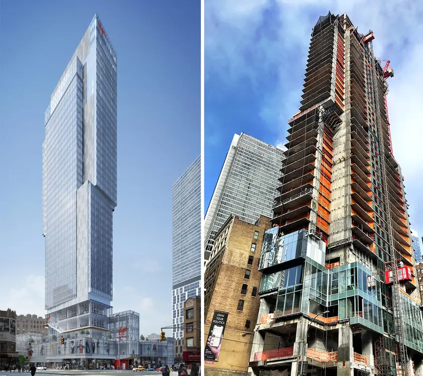 Renderings of NYC's first Virgin Hotel (l, VOA Associates / Lam Group) and construction progress circa February 2019 (r, CityRealty)