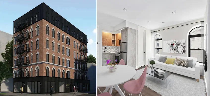 Rendering of a renovated 352 East 105th Street and a model interior (All image via Compass)