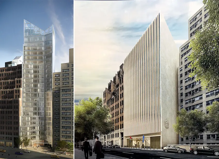 L: Unbuilt condo proposal known as Alexander Plaza; R: Rendering of the underway United Arab Emirates Consulate New York posted outside construction site 