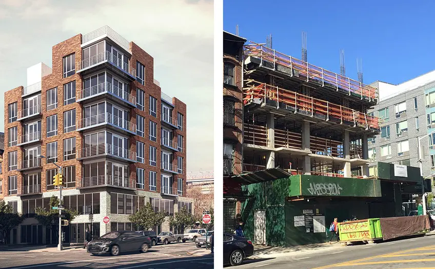 Rendering and construction photo of 47-49 Broadway, Williamsburg