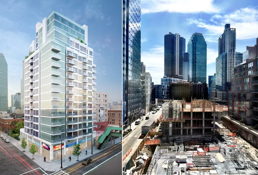 Rendering of One Queens Plaza via Lions Group; Photo showing construction progress as of early April; CityRealty