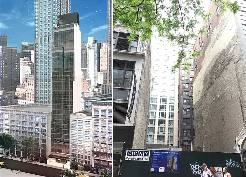 Rendering and site of forthcoming hotel at 4 West 37th Street; CItyRealty
