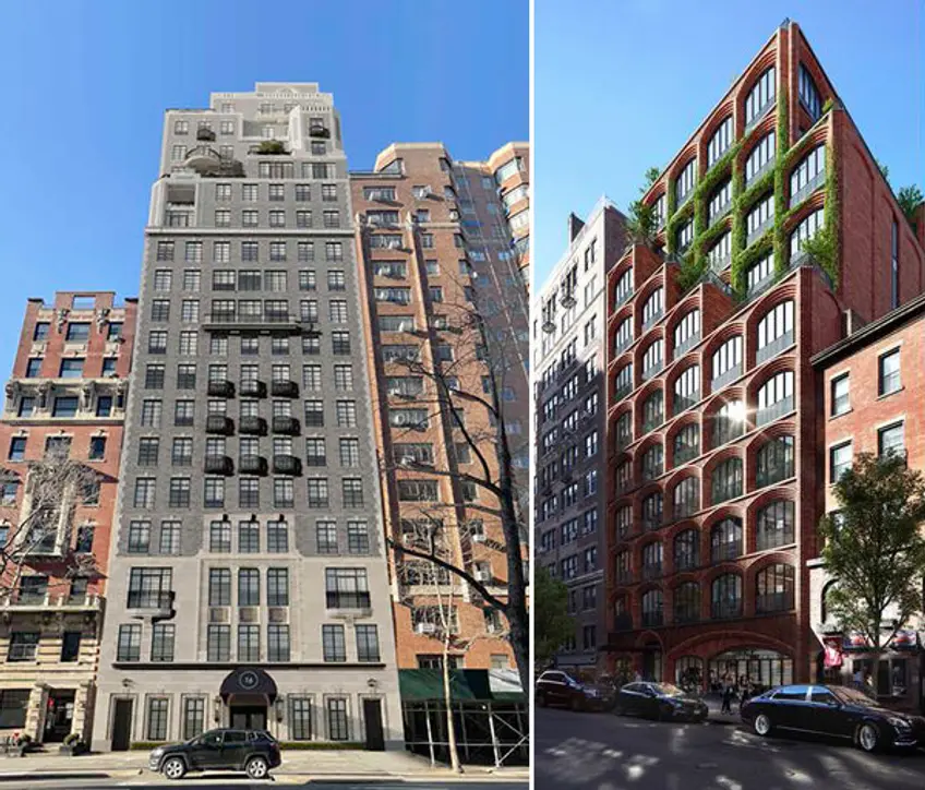 (l-r) Rendering of 16 Fifth Avenue (Robert A.M. Stern Architects, Acheson Doyle Partners, Hill West Architects for Landmarks Preservation Commission) and 64 University Place (Douglas Elliman)