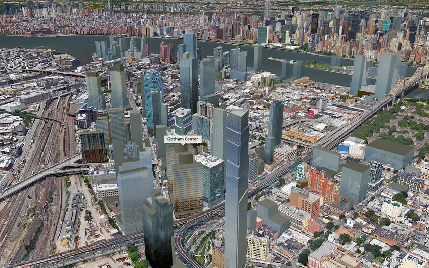 Google Earth aerial view of Gotham Center in the future LIC skyline; CityRealty