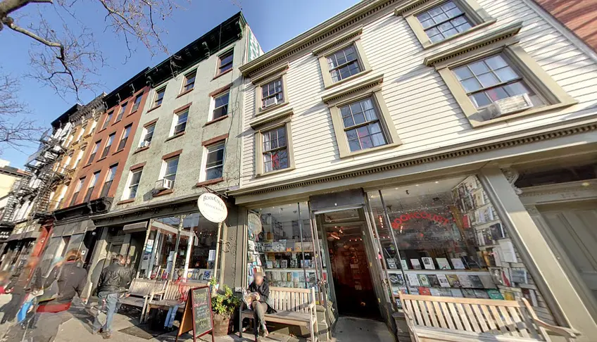 Google Street-view capture of BookCourt's two storefronts at 161-163 Court Street