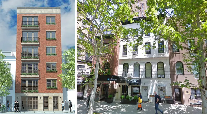 (L) Rendering of the Six-Story Boutique Condominium, (Right) Photo of existing structure (via Google Maps)