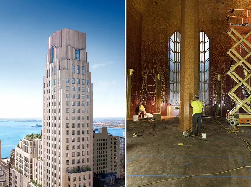 One Wall Street rendering (l, via Core) and Red Room circa May 2019 (r, via DBOX)