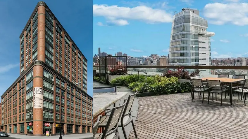 The 15-story 2 Cooper Square and its luxurious rooftop oasis with a pool. (Images via Rose Associates)