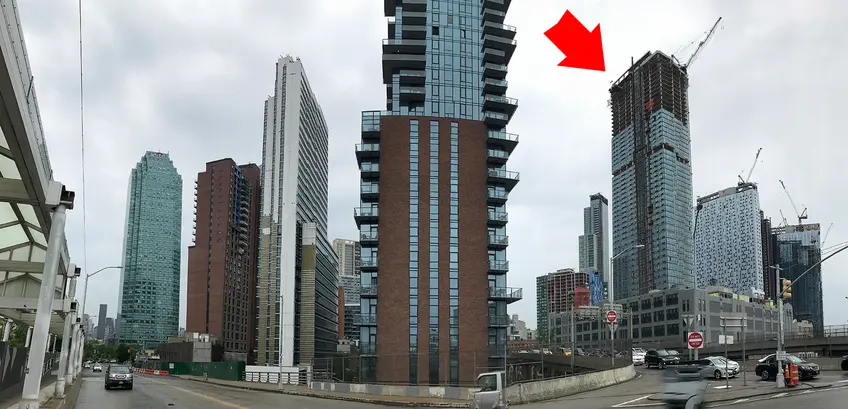Panoram of LIC's new towers from Thomson Avenue. Rockrose's topped out Eagle Electric redevelopment labeled; CItyRealty