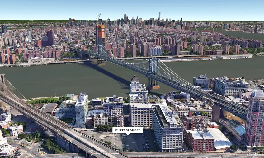 Google Earth aerial showing DUMBO with Fortis' site at 60 Front Street labeled (CityRealty)