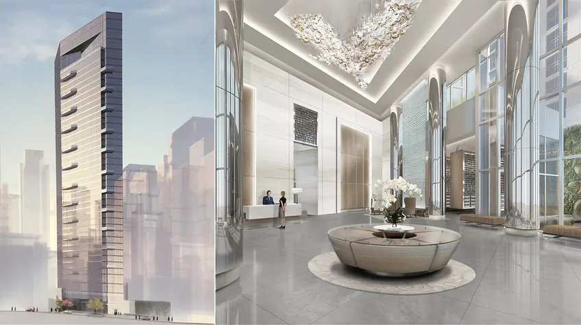 Exterior rendering (l), 30-foot-high lobby designed by Andres Escobar (r); via Real Estate Weekly 