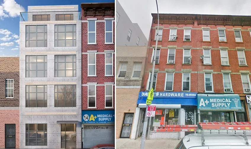 L: Rendering via Baobab Architects R: Current state of 849 Dekalb Avenue (Google street view)