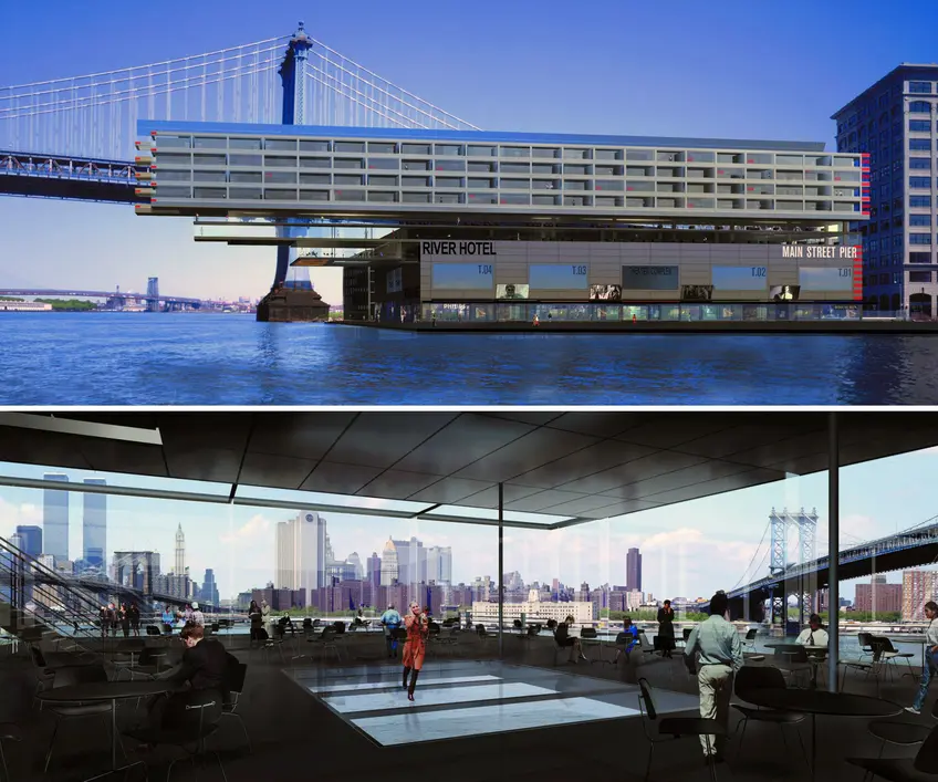 The proposed River Hotel would have been where Brooklyn Bridge Park is today.