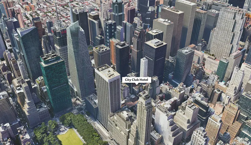 Google Earth aerial showing CIty Club Hotel building at 55 West 44th Street (CityRealty)