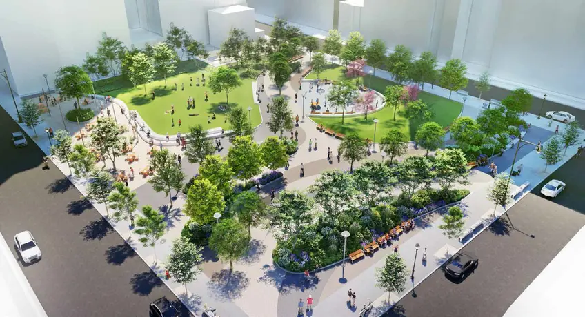 All renderings of Willoughby Square Park via NYEDC and Hargreaves Jones