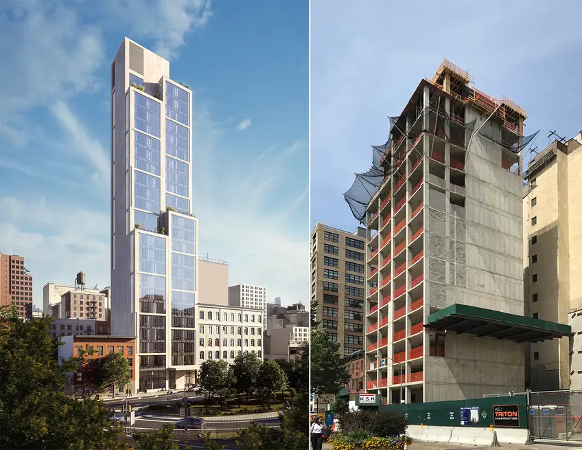 570 Broome rendering (l; Stribling) and photo, circa early September 2017 (r; CityRealty)