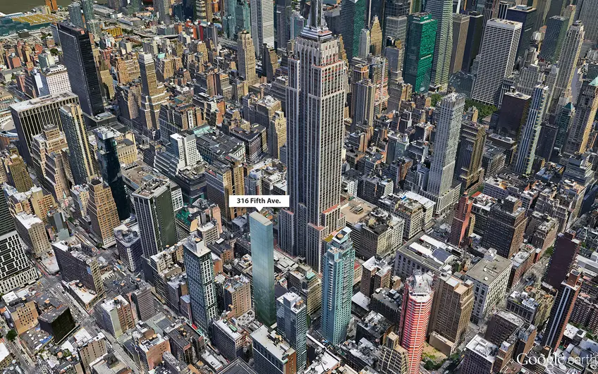 Google Earth aerial showing location and height of 316 Fifth Avenue (CityRealty)