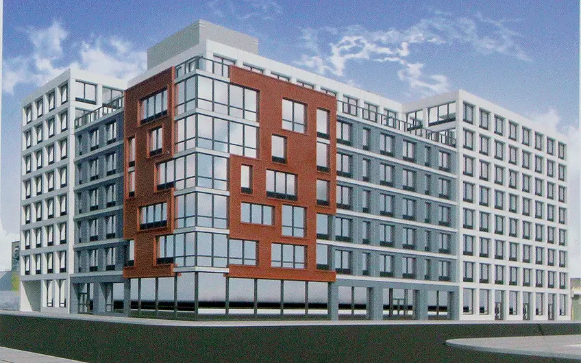 Rendering of the new 7-story mixed-use building under construction at 432 Rodney Street in Williamsburg.