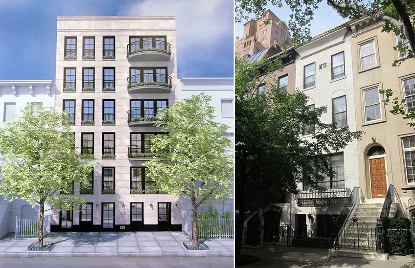 L: Rendering posted at the site, R: Photo of townhouse prior to construction (via Urban Edge NY)