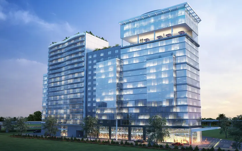 Rendering of Flushing Point Plaza, a residential and hotel development coming to Flushing, Queens. (Renderings courtesy of Angelo Ng & Anthony Ng Architects Studio)