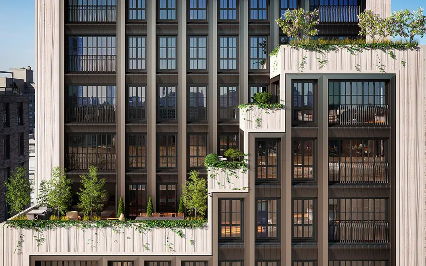 221 West 77th Street optimizes outdoor space with cascading terraces, floor-to-ceiling windows, and Juliet balconies.
